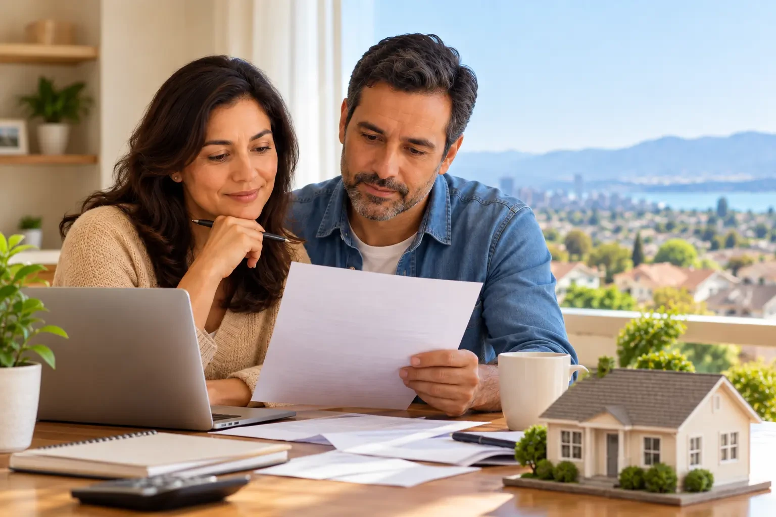 Homeowner reviewing documents at kitchen table with mortgage paperwork and calculator